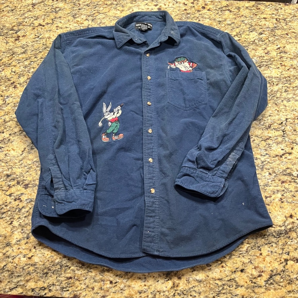Vintage 1995 Warner Bros Studio Store Looney Tunes Golf Flannel Shirt Mens Large